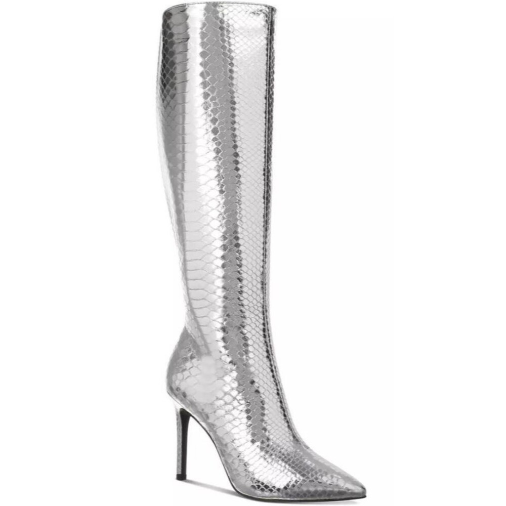 I.N.C. Rajelt Knee High Boots Silver Snake Skin Design  9.5 Stiletto Heel